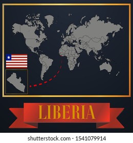 African Liberia national flag, realistic globe world map blank template, solid country outline silhouette, atlas for infographic, vector illustration set, isolated object, background