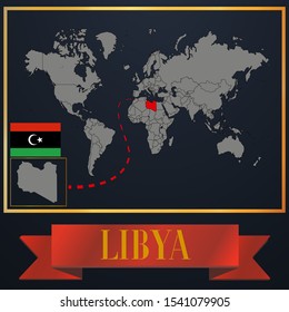 African Libya national flag, realistic globe world map blank template, solid country outline silhouette, atlas for infographic, vector illustration set, isolated object, background