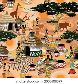 African Life Women in Savanna Tribal Village Vector Seamless Fabric Pattern Background