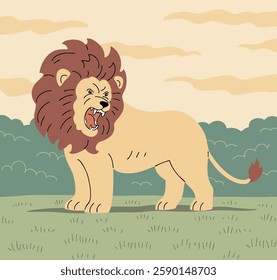 African lion against the backdrop of wild nature. Big cat predator. One animal. Fauna and zoology. Cartoon vector illustration