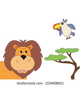 African Lion and Bird Illustration