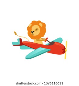 African lion with furry mane flying on little airplane. Cartoon character of funny aircraft pilot. Flat vector for kids t-shirt print, sticker or room decor