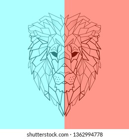 African lion head icon. Abstract triangular style. Contour for tattoo, logo, emblem and design element. Isolated triangle lion on soft colored background.