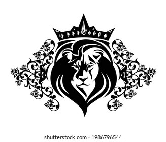 African Lion King Wearing Royal Crown Among Rose Flowers Heraldic Vignette Decor - Black And White Vector Coat Of Arms Design