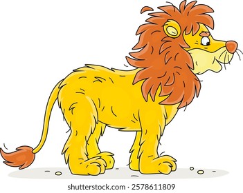 African lion with a large brown shaggy mane standing and looking forward, vector cartoon illustration on a white background