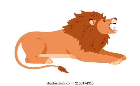 African lion lying and roaring. Wild male feline with shaggy mane, side view. Angry aggressive jungle animal, carnivore profile. Flat vector illustration isolated on white background