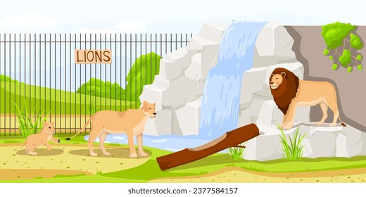 African lion standing on stone near fence with waterfall in zoo. Safari vacation. Natural wildlife. Cartoon design. Cute character. Picturesque landscape. Wild savanna. Vector illustration