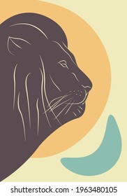 African lion vector illustration. Poster in retro colors with lion silhouette and abstract shapes. 