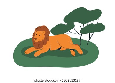 León africano, animal felino salvaje mintiendo. Rey Leo, depredador de la sabana con el hombre relajándose sobre la hierba en la sabana. Bestia masculina, mamífero. Ilustración vectorial gráfica plana aislada en fondo blanco