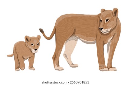 African lioness and her lion cub. Realistic vector animal