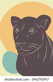 African lioness vector illustration. Poster in retro colors with lioness silhouette and abstract shapes. 