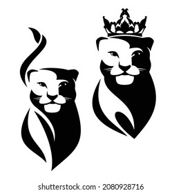 african lioness wearing royal crown black and white vector outline portrait - queen animal head simple monochrome design set