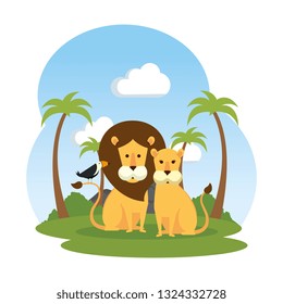 african lions couple with toucan bird in the