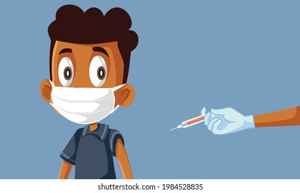 African Little Boy Getting Vaccinated Vector Illustration. Anti-viral vaccine being approved for children during pandemic
