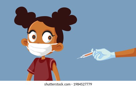 African Little Girl Getting Vaccinated Vector Illustration. Anti-viral vaccine being approved for children during pandemic
