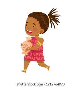 African Little Girl in Traditional Tribal Clothing Carrying Ceramic Vase Vector Illustration