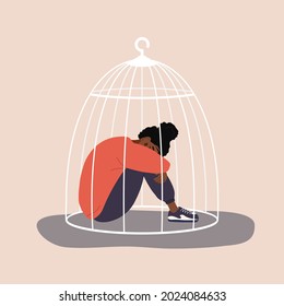 African locked in cage. Sad girl needs psychological help. Social isolation concept. Female empowerment movement. Violence in family. Vector illustration in cartoon style.