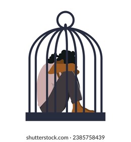 Africanos encerrados en jaula. La chica triste necesita ayuda psicológica. Concepto de aislamiento social. Movimiento de empoderamiento femenino. Violencia en la familia. Ilustración vectorial al estilo de las caricaturas.