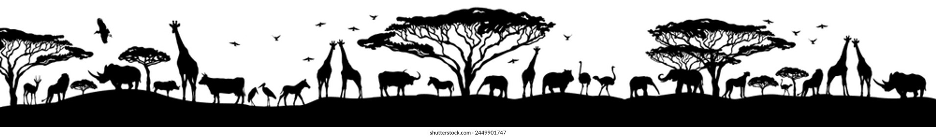 Siluetas africanas de paisajes largos de animales. dibujo a mano. AI no, Ilustración vectorial.