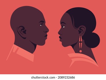 Los amantes africanos en el perfil. Joven pareja. Relación familiar. Amor y citas. Ilustración plana del vector