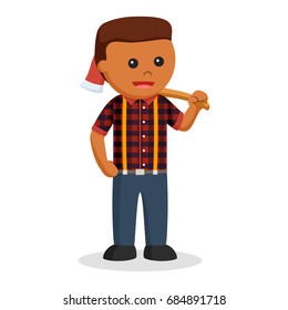 african lumberjack carrying axe on his shoulder