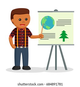 african lumberjack giving presentation about logging