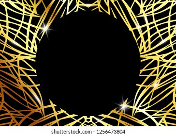 African Luxury Exotic pattern. Elegant brochure, Gold shiny Geometric frame. Abstract texture with Palm, exotic leaves. Vector illustration golden border template in black background