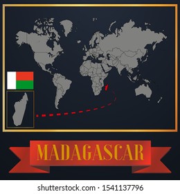 African Madagascar national flag, realistic globe world map blank template, solid country outline silhouette, atlas for infographic, vector illustration set, isolated object, background