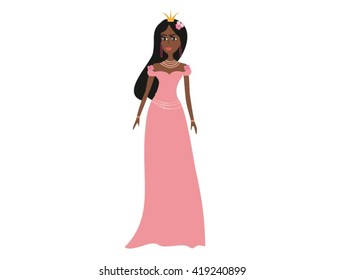 African magic princess. Cute princess in pink dress. Beauty princess on white background. Vector cute girl princess. Cartoon princess vector illustration.