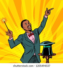 African Magician, amazing performance. Circus performer. Trick. Pop art retro vector illustration vintage kitsch