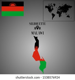 African Malawi outline world map silhouette vector illustration, creative design background, national country flag, design element, symbols from countries all continents set. 