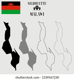African Malawi outline world map, solid, dash line contour silhouette, national flag original proportion, vector illustration design, isolated on background, objects, symbol from countries set