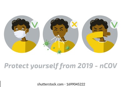 African male character sneezing in elbow infographic virus spread prevention how to sneeze right and wrong. Flat vector illustration.