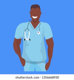 african male doctor with stethoscope man medical clinic worker in uniform professional occupation concept cartoon character portrait blue background flat