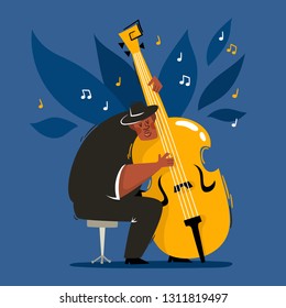 African male musician in black costume holding contrabass, cartoon vector illustration on blue background. Full height portrait of black man used for poster, magazine, flyer, jazz band performances.