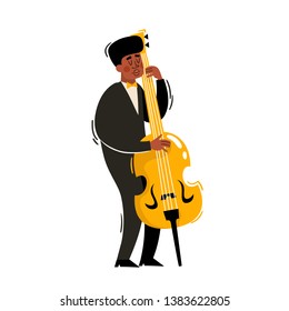 African male musician in black costume holding contrabass, cartoon vector illustration isolated on white. Full height portrait of black man used for poster, magazine, flyer, jazz band performances.