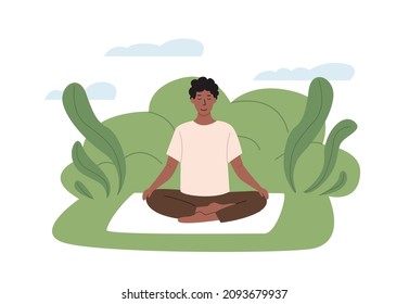 Hombre africano con piernas cruzadas y ojos cerrados meditando sobre la naturaleza. Joven sentada en un jardín de piernas cruzadas en el parque y practicando yoga. Meditación, práctica espiritual respiratoria abdominal. Vector.