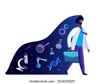 African male Scientist in Lab coat walking in Laboratory. Space tail of Scientific Genetical Research Biological Analysis Magnifier, Microscope, Atom Molecule DNA flask tubes. Flat vector illustration