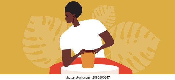 African male sculptor reaching black people. Flat vector stock illustration. The ceramist sculpts ceramic plates, pots. Hobby or creativity with leaves. African people are working. Vector graphics