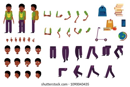 African male student kid animation set. Funny young man with different facial emotions, legs and arms positions and gestures, school symbols. People construction and creation collection. Vector flat