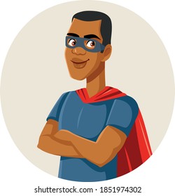 African Male Superhero Wearing Cape and a Mask. Illustration of a strong hero character with arms crossed 
