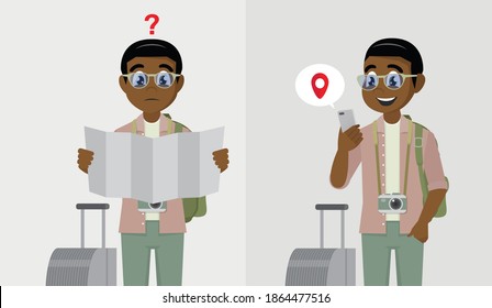 African Male Tourist with Backpack Holding Road Map and African Male holding mobile smart phone with mobile gps searching point on the city map.