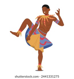 African Male Tribal Dancer Character In Vibrant Traditional Attire, Energetically Leaps And Gyrates, His Body Art Telling Ancient Stories Through Rhythmic Movements. Cartoon People Vector Illustration