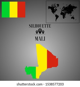 African Mali outline world map silhouette vector illustration, creative design background, national country flag, design element, symbols from countries all continents set. 