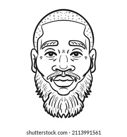 african man with beard. Face monochrome outline comic.