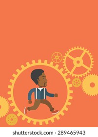 Un hombre africano con barba está corriendo dentro del equipo. El concepto de negocio en acción. Un estilo contemporáneo con una paleta pastel y un fondo de color naranja. Ilustración de diseño plana vectorial. Diseño vertical