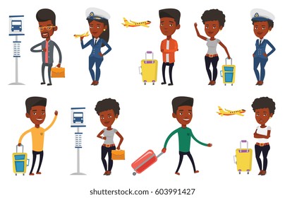 African man with briefcase waiting at the bus stop. Business man standing at the bus stop. Man looking at watch at the bus stop. Set of vector flat design illustrations isolated on white background.