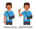 African man with broken arm wearing arm sling pointing finger up