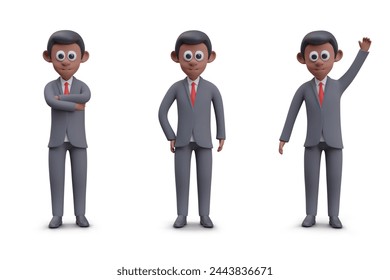 African man in business suit. 3D character in different poses