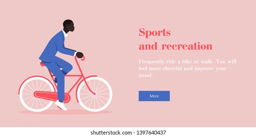 An African man in a business suit riding a bicycle. Web site template. Vector flat illustration